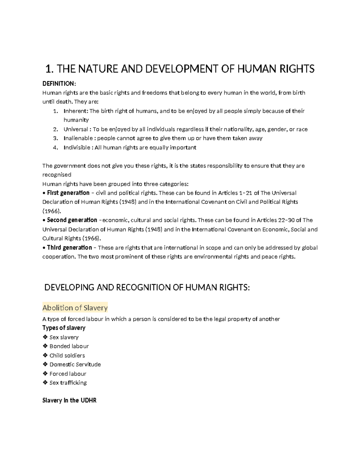 HSC Legal Studies: Human Rights Development and Definitions Notes - Studocu