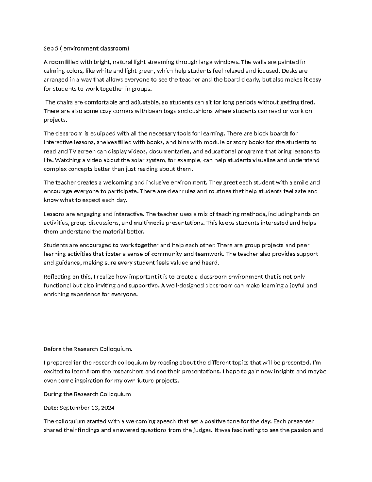 Reflection Diary: Classroom Observations & Experiences (Sept 2024 ...