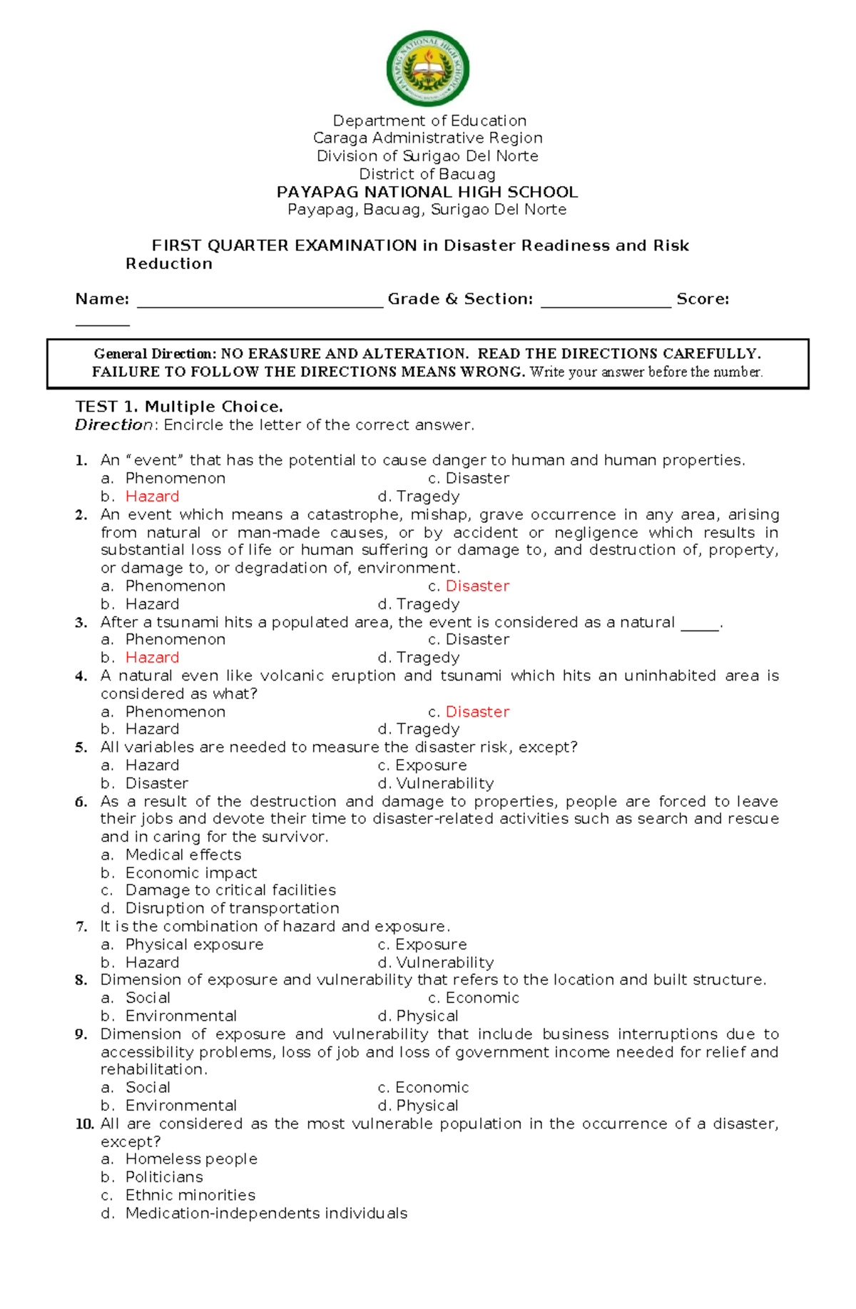 Grade 12 GAS First Quarter Exam in Disaster Readiness and Risk ...