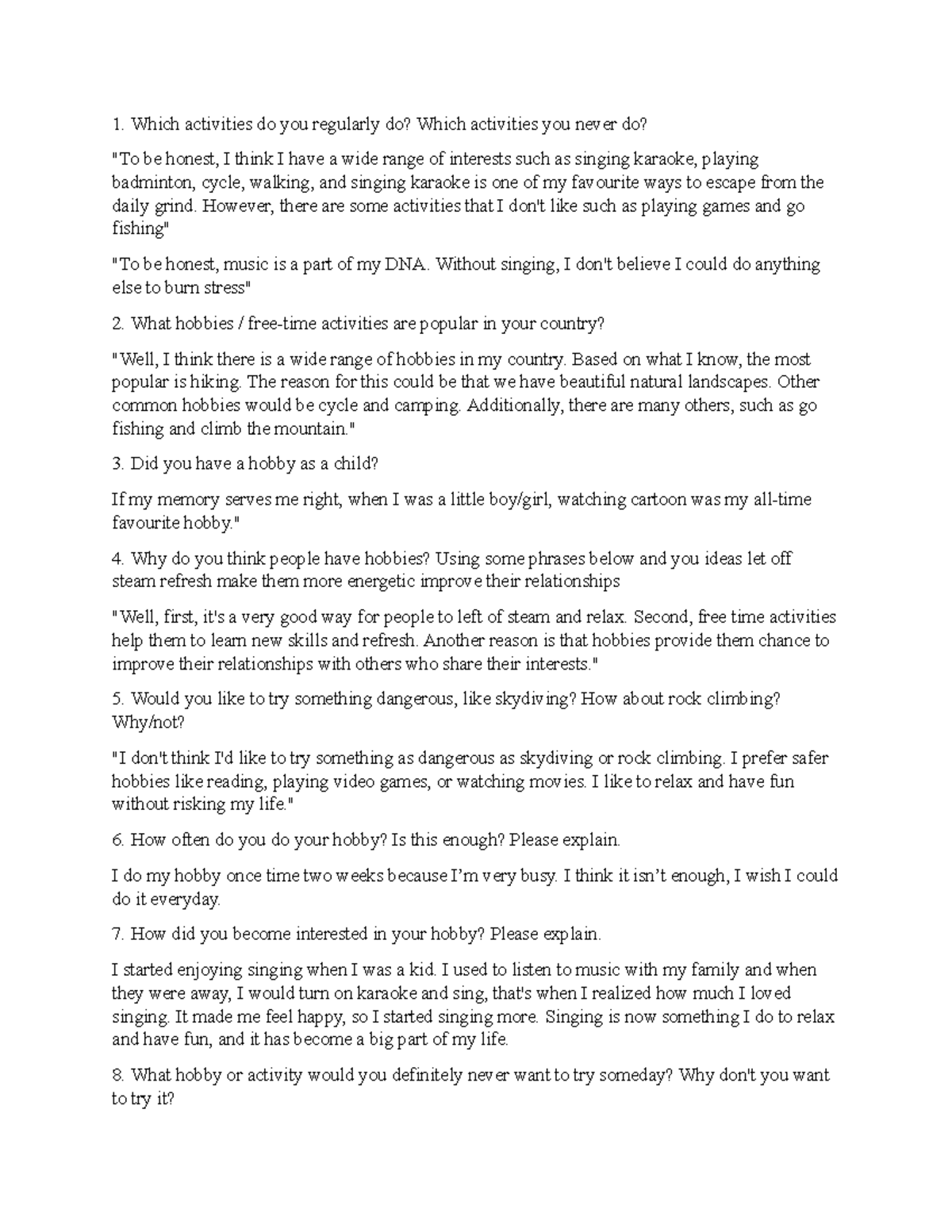 Hobbies - m,andkajds - Which activities do you regularly do? Which ...
