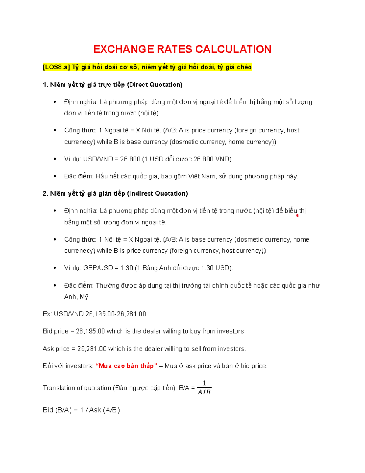 EXCHANGE RATES CALCULATION: Tỷ giá hối đoái và phương pháp niêm yết ...