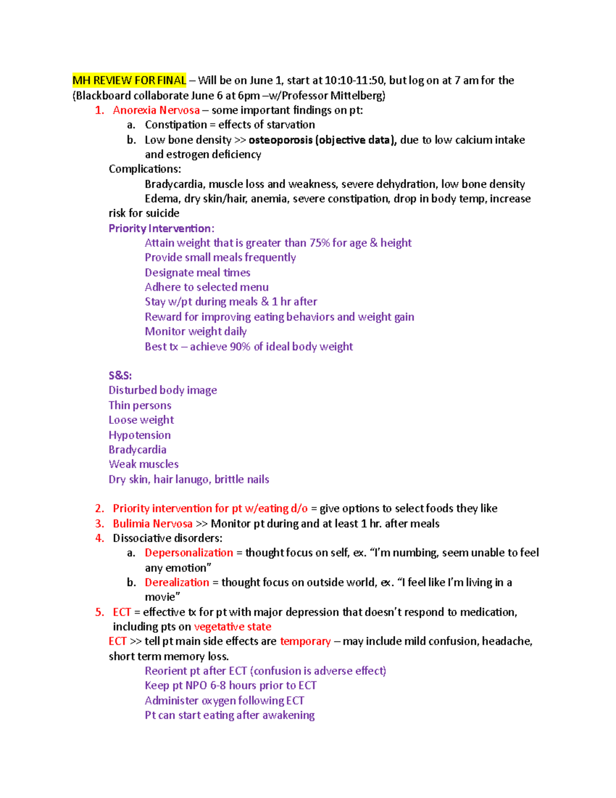 MH 101 Final Exam Review Notes - Key Concepts and Interventions - Studocu