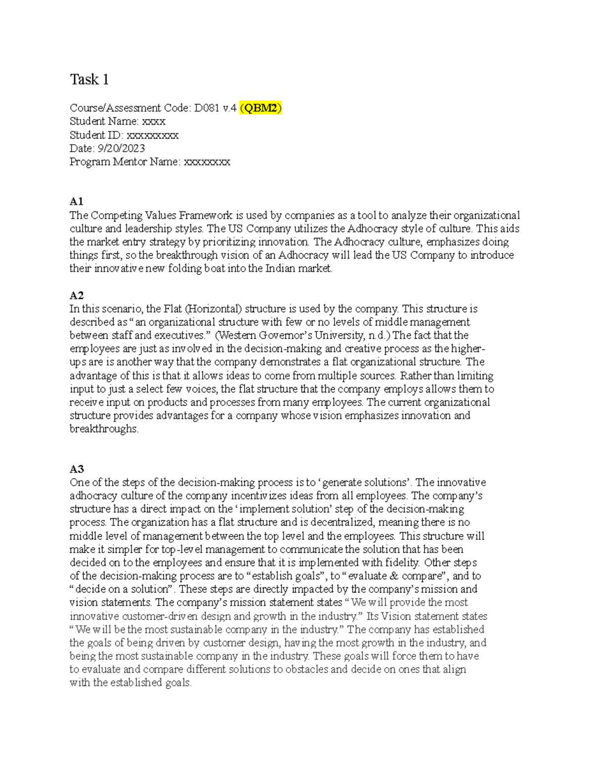D081 Task 1 - Analysis of Organizational Culture & Market Entry ...