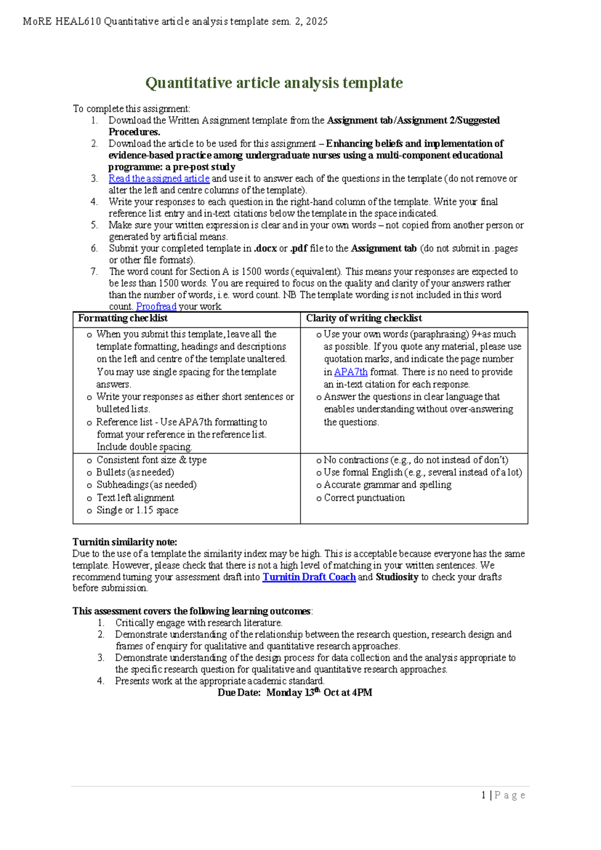 MoRE HEAL610 Quantitative Article Analysis Template - Sem. 2, 2025 ...