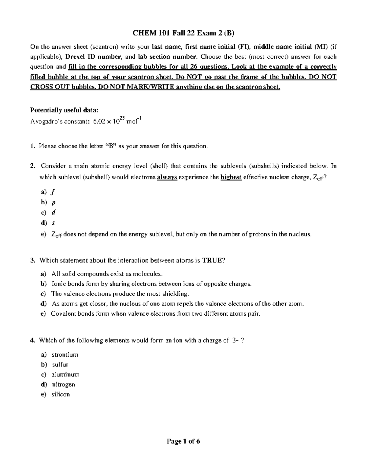 Chem 101 Fall 22 Exam 2 (Form B) Answers and Explanation - Studocu