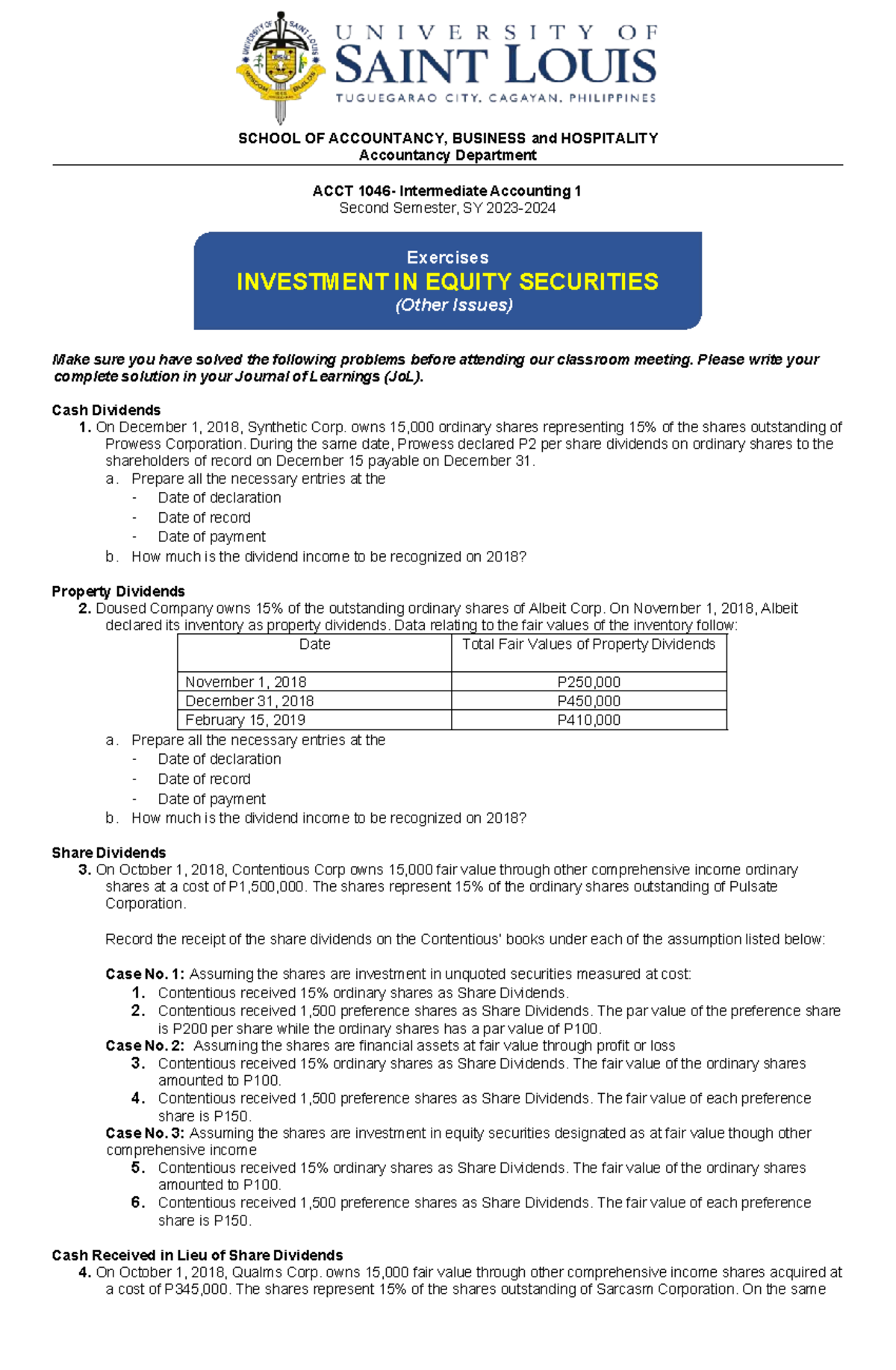 Exercises Lesson 7: Investment in Equity Securities (ACCT 201) - Studocu