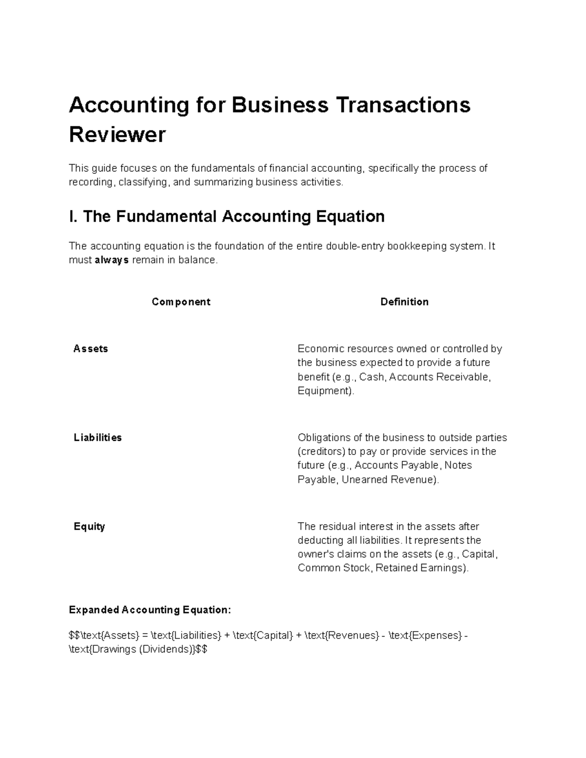 ACCT 101: Business Transactions Review Guide - Studocu