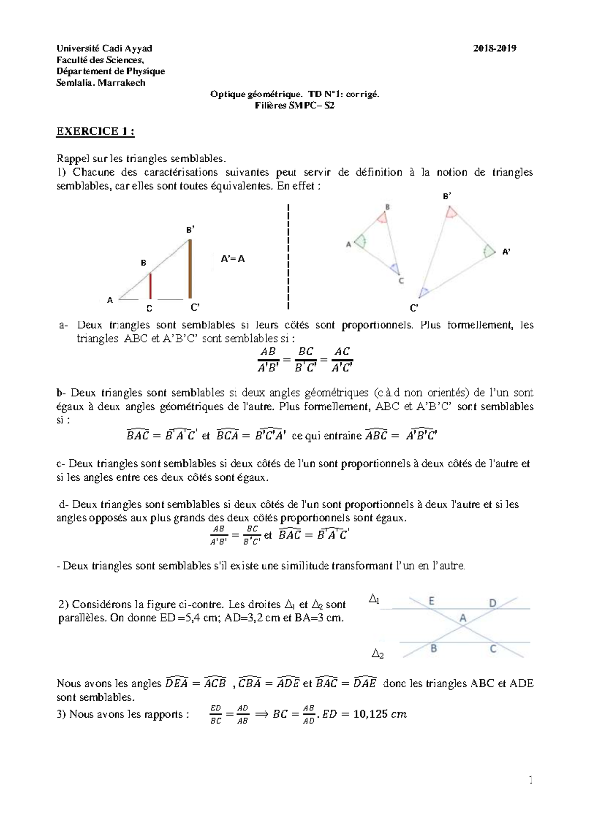 TD Corrigé - Optique Géométrique S2 - Triangles Semblables - Studocu