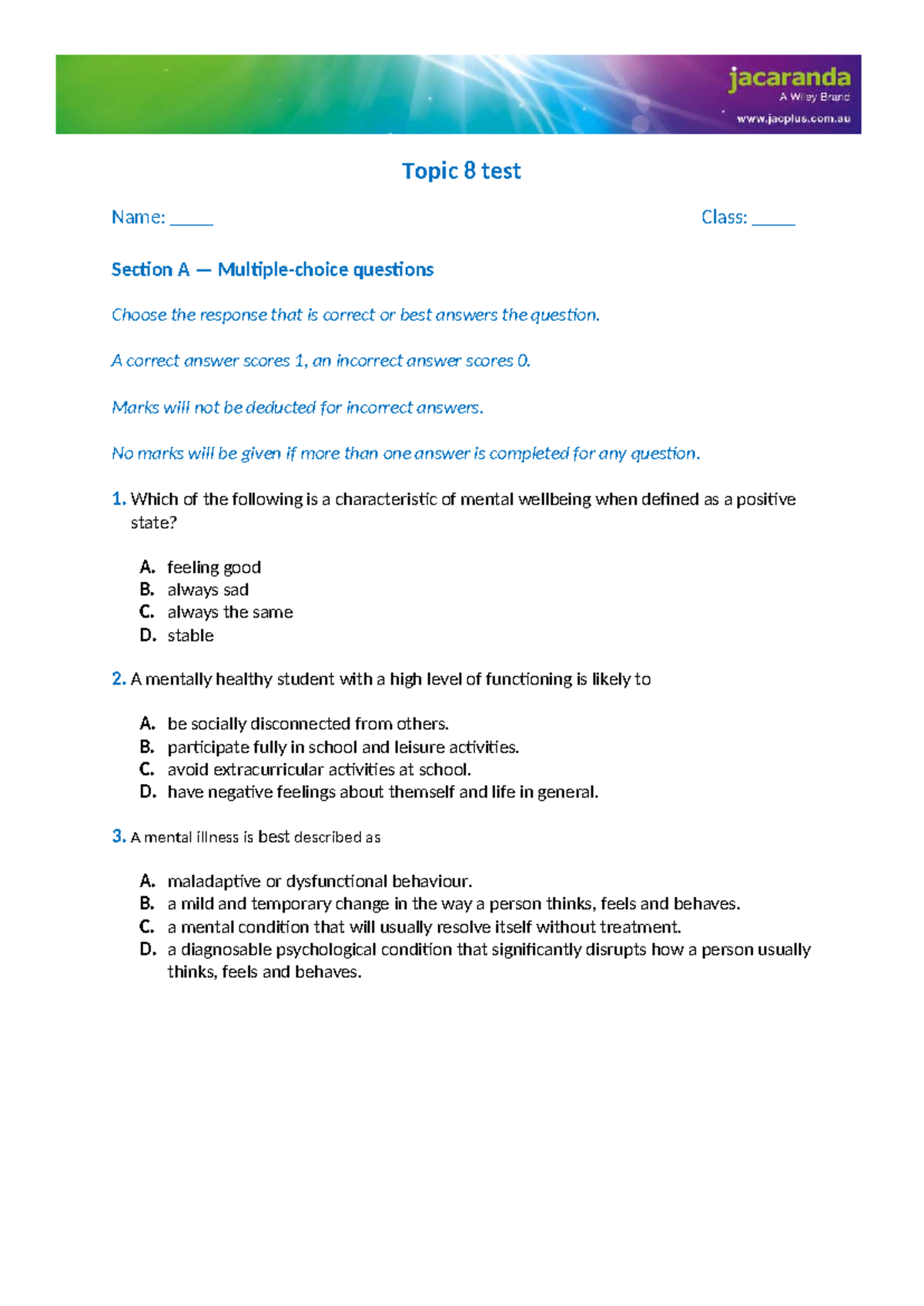 Topic 8 Test - Unit 4 AOS1 Mental Wellbeing Assessment - Studocu
