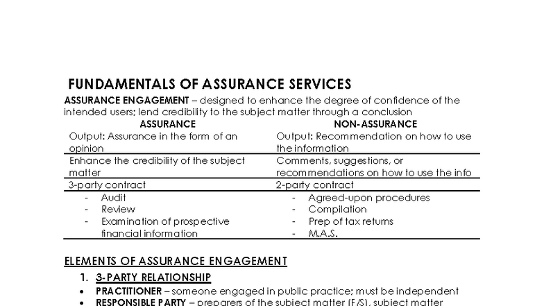 FUNDAMENTALS OF ASSURANCE SERVICES: ENGAGEMENT OVERVIEW - Studocu