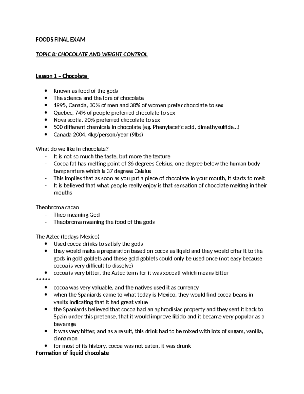 FOODS FINAL EXAM TOPIC 8: CHOCOLATE & WEIGHT CONTROL Insights and Myths ...