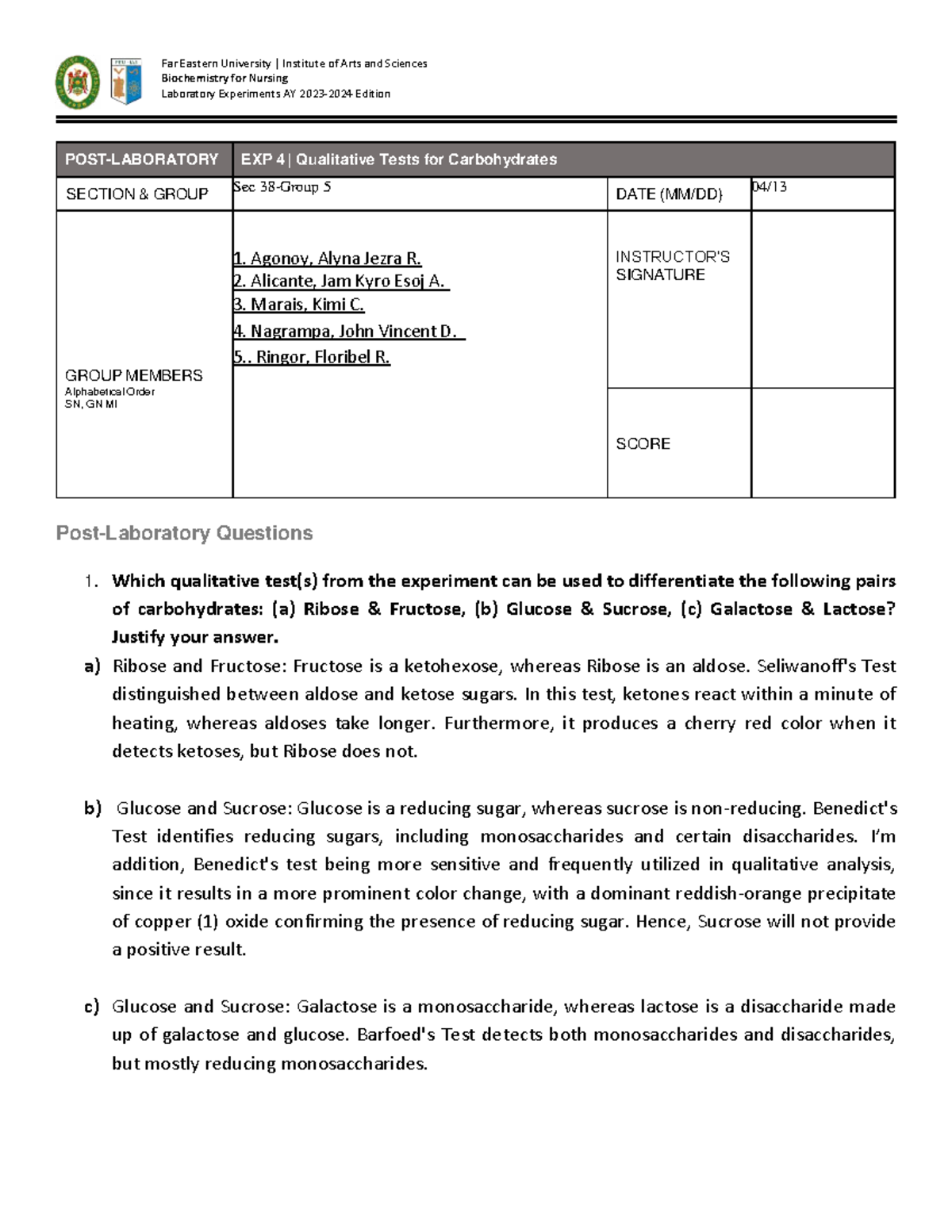 FEU Biochemistry for Nursing Lab EXP 4: Qualitative Tests for ...