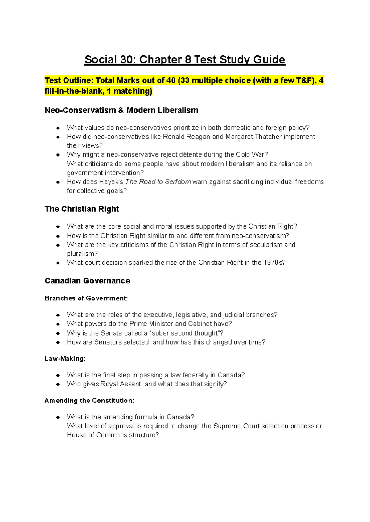 Social 30: Chapter 8 Test Study Guide & Key Concepts - Studocu