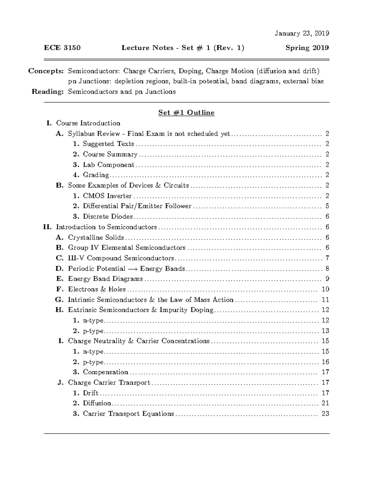 L 1 2019 - Lecture notes 1 - January 23, 2019 ECE 3150 Lecture Notes ...