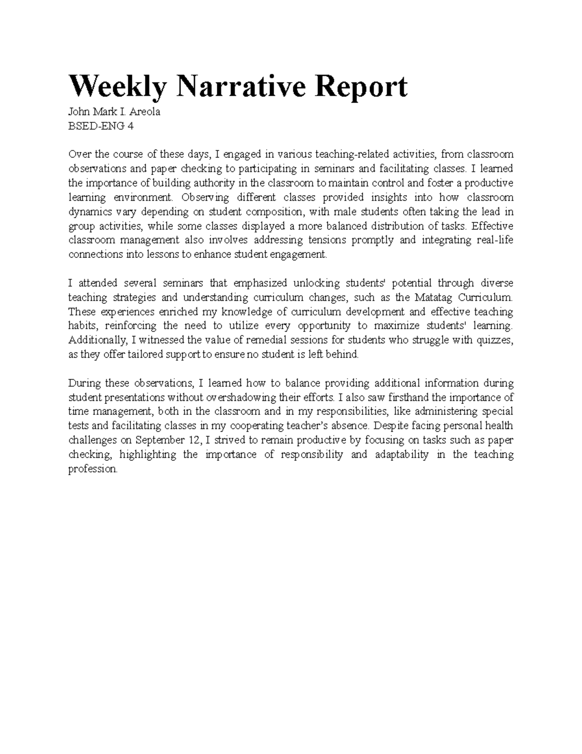 BSED-ENG 4 Weekly Narrative Report on Teaching Activities - Studocu