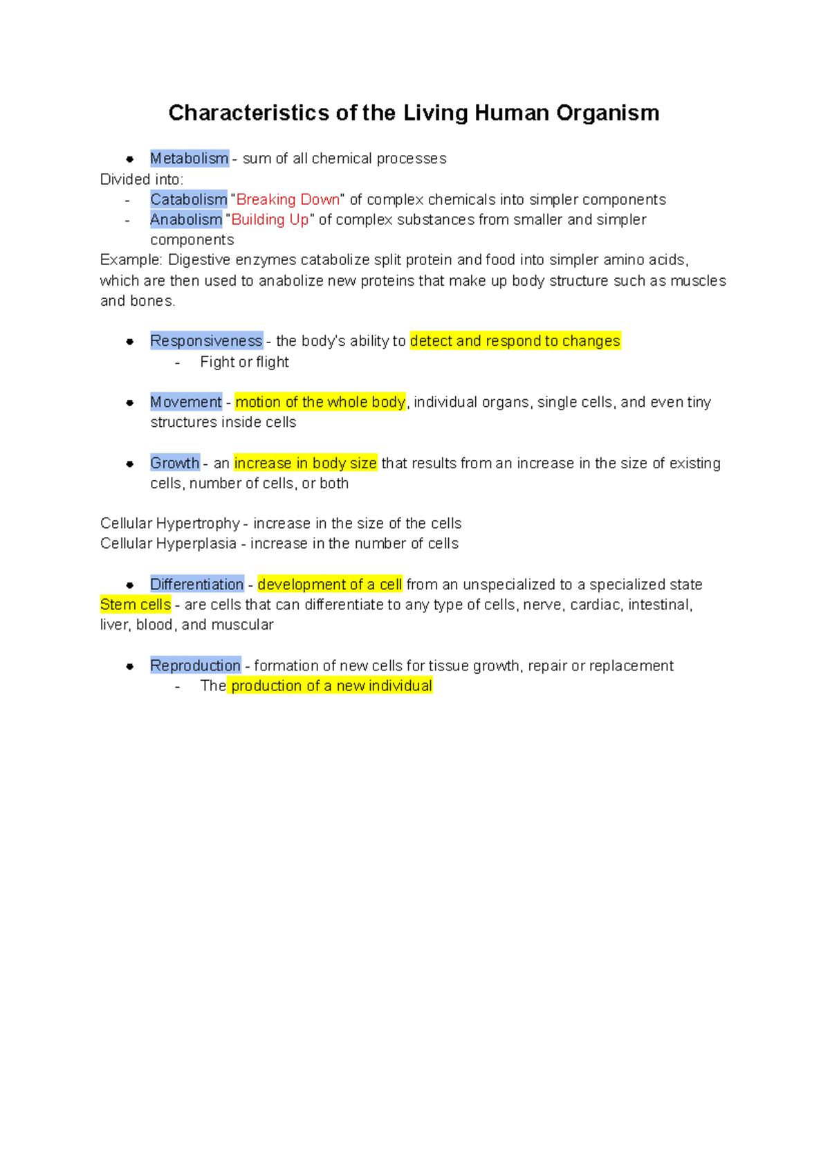 HA Notes on Characteristics of the Human Organism - Characteristics of ...
