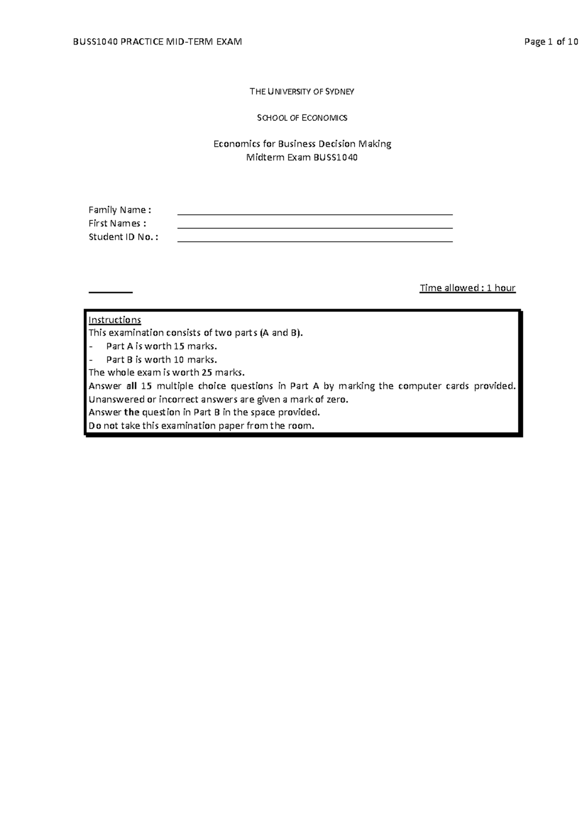 Midterm Exam BUSS: Sample Questions for Economics Decision Making - Document Preview