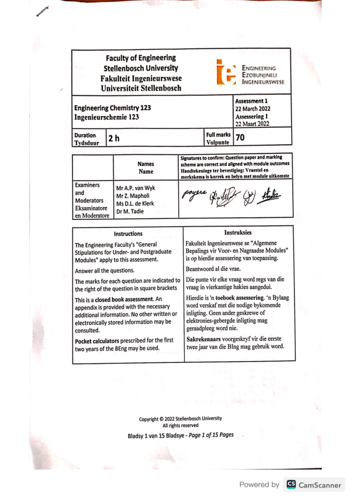 Engineering Chemistry 123 Assessment 1: Question Paper & Marking Scheme ...