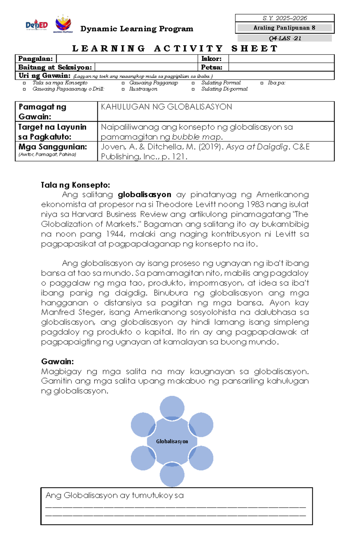 Q4 AP8 Learning Activity Sheet: Kahulugan ng Globalisasyon - Studocu