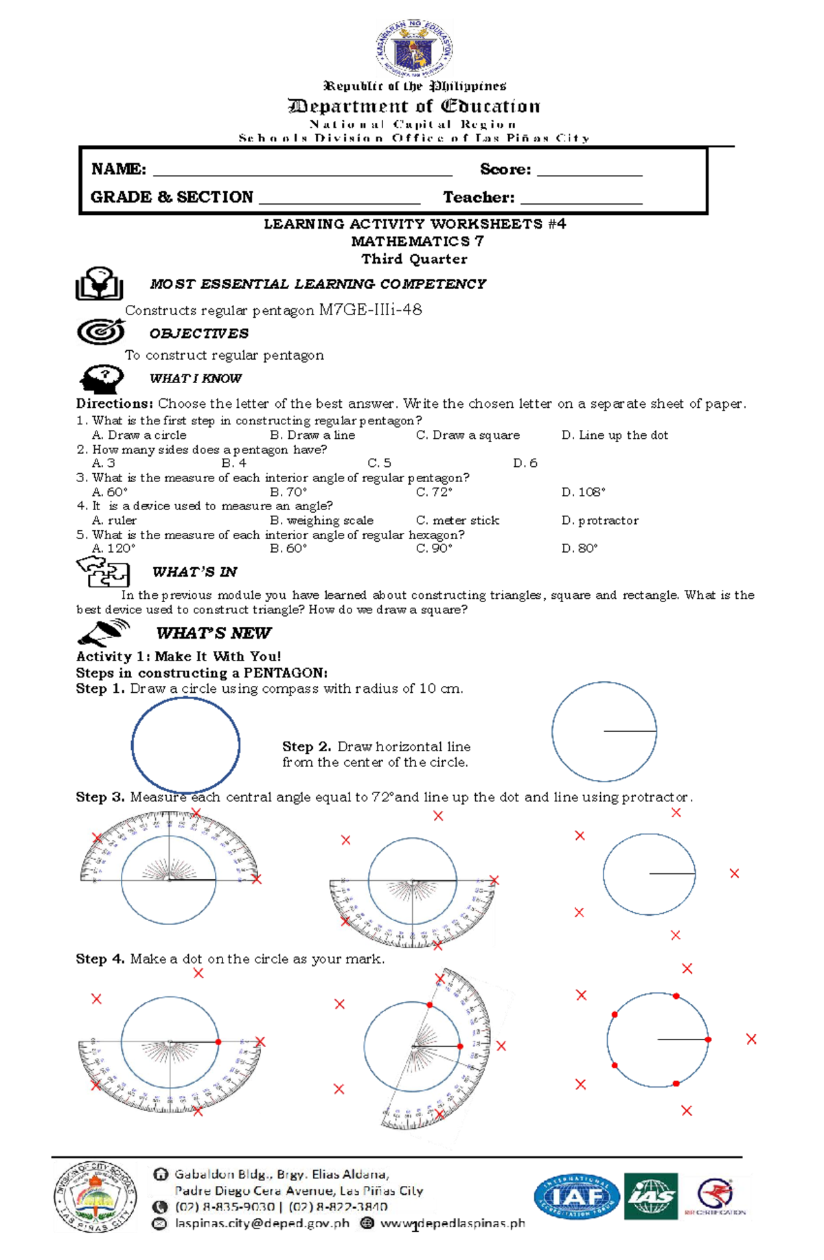 G7-Q3-M7 Geometry Worksheets: Regular Pentagon & Hexagon Construction ...