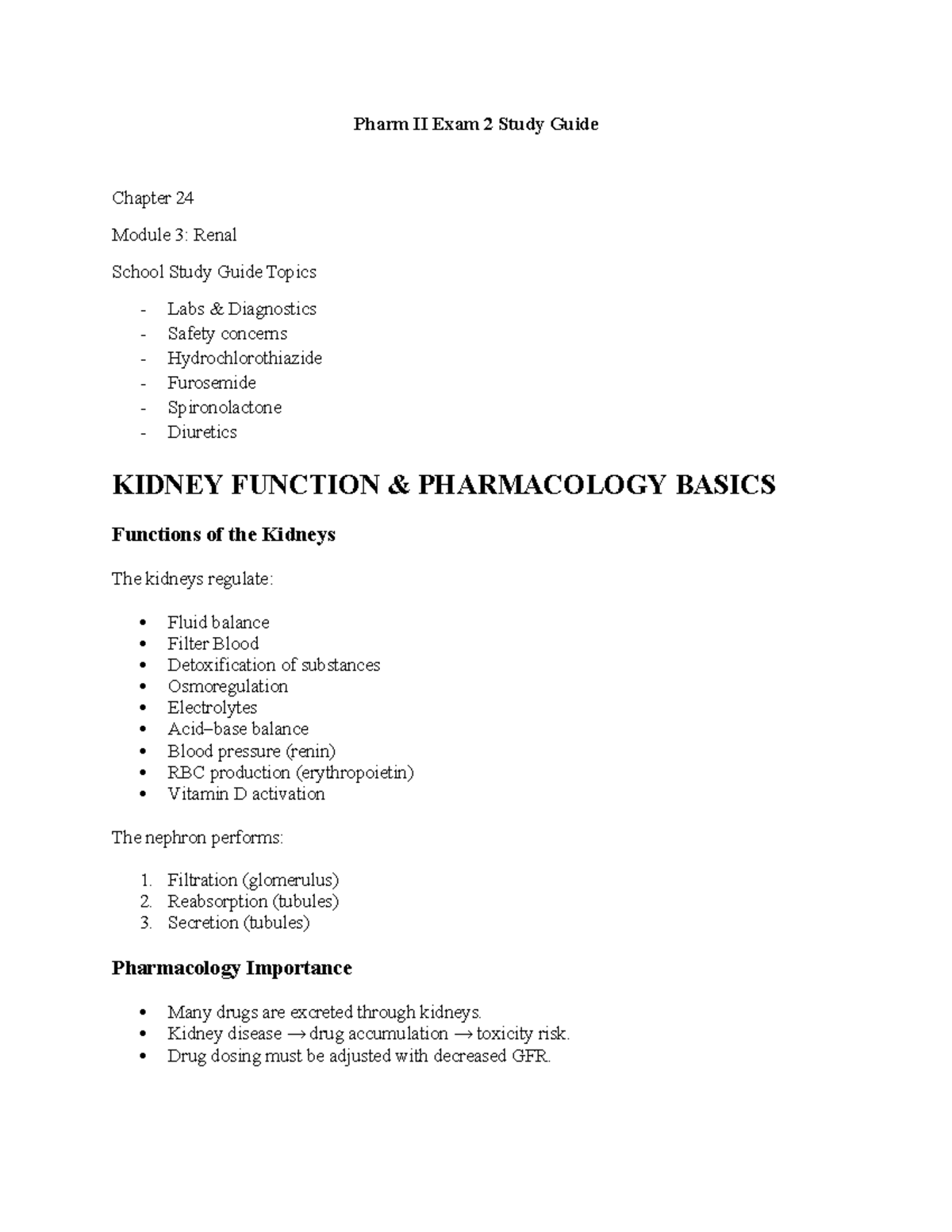 Pharm II Exam 2 Study Guide: Renal Pharmacology & Diuretics - Studocu