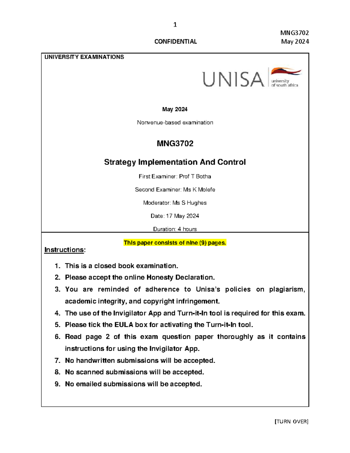 MNG3702 May 2024 Final Exam: Strategy Implementation & Control - Studocu