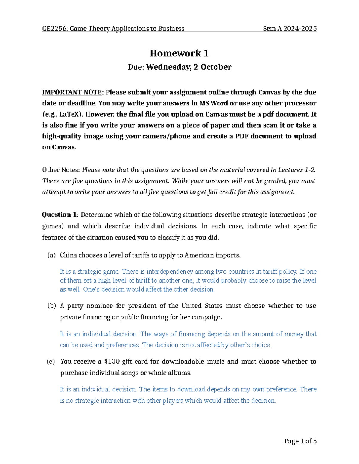 GE2256: Game Theory Applications to Business Sem A Homework 1 Guide ...