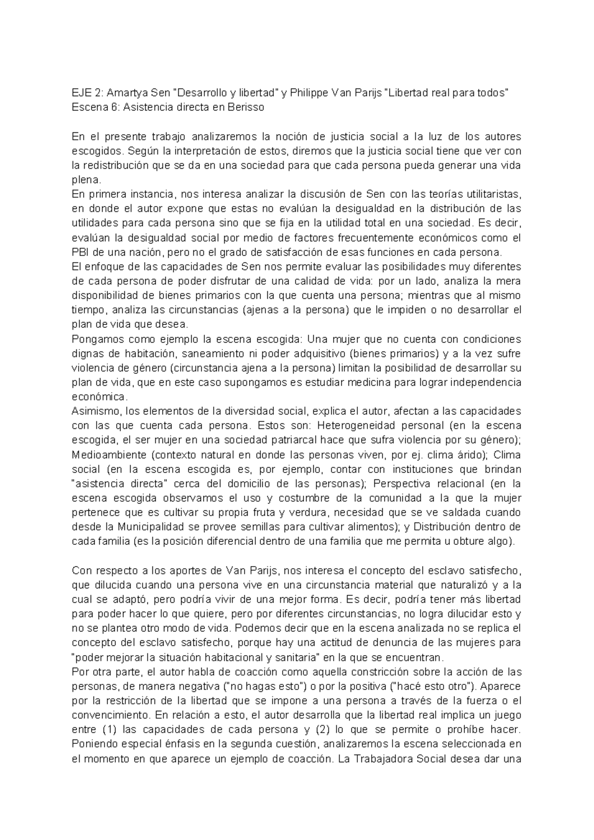 Justicia Social y Filosofía: Análisis de Sen y Van Parijs - Studocu