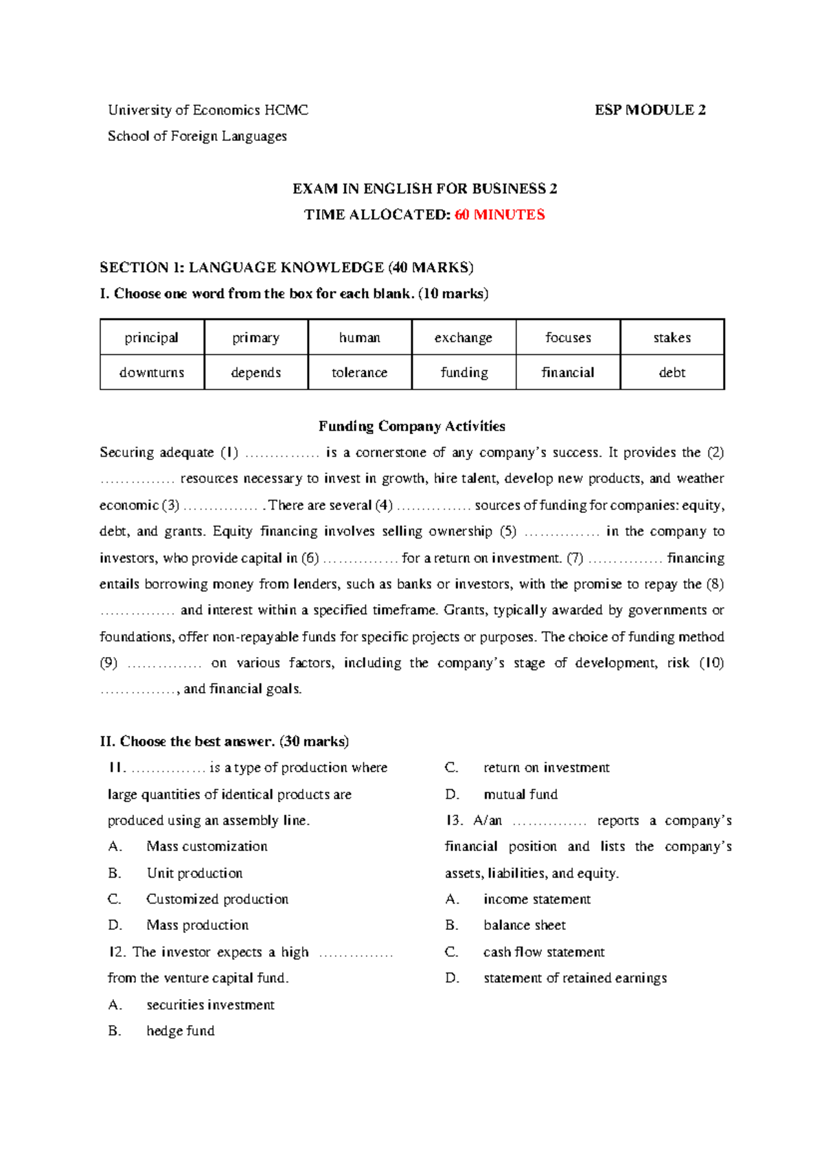 Sample Test - SV - ESP Module 2 Exam in English for Business - Studocu