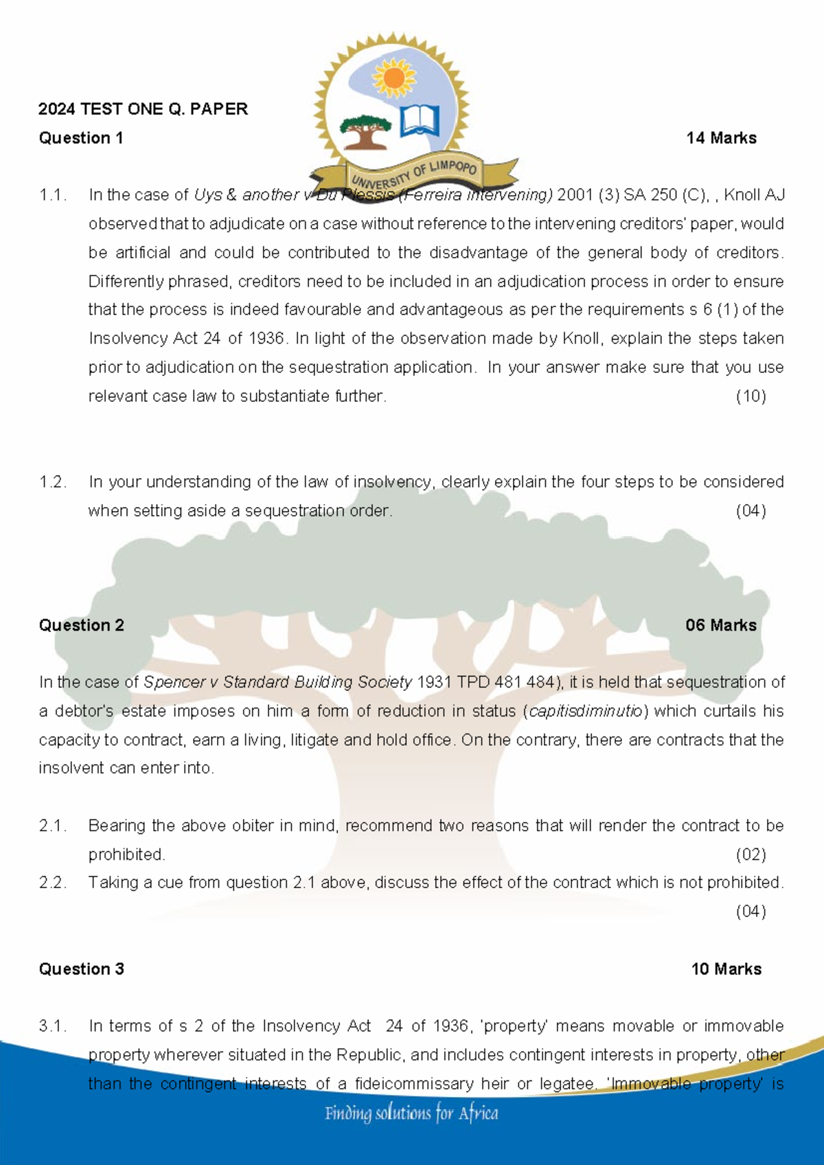 CMLE031 INSOLVENCY LAW TEST ONE: Comprehensive Question Paper - Studocu