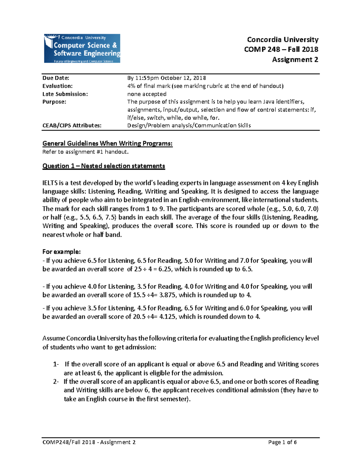 Comp248 - Concordia University COMP 248 – Fall 2018 Assignment 2 Due ...