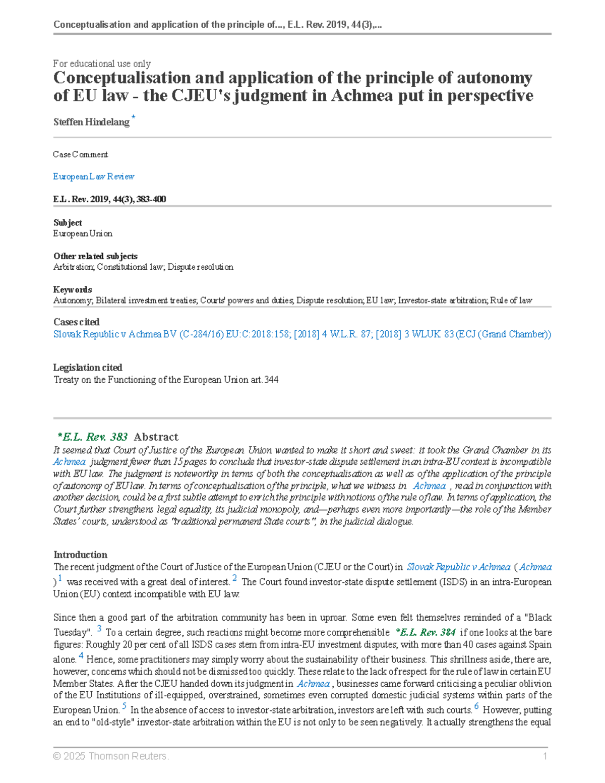 Conceptualisation and Application of Autonomy in EU Law: Achmea Case ...