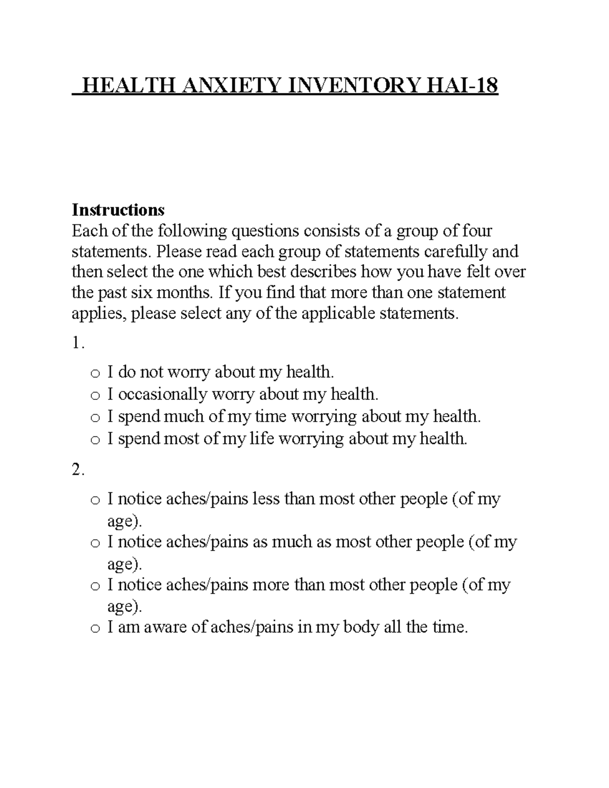 Health Anxiety Inventory (HAI) Assessment Guide - Studocu