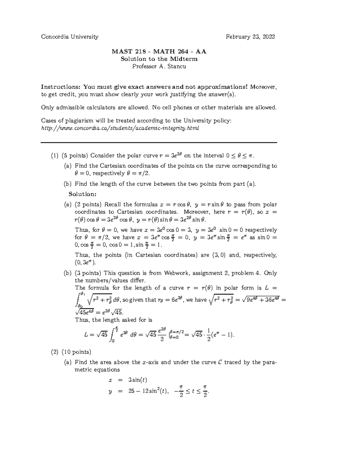 MAST 218 MATH 264 AA Midterm W Solutions - Feb 23, 2022 - Studocu
