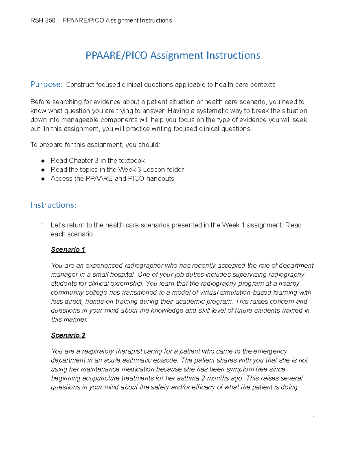 RSH 350 W3 PPAARE/PICO Assignment Guidelines for Clinical Questions ...