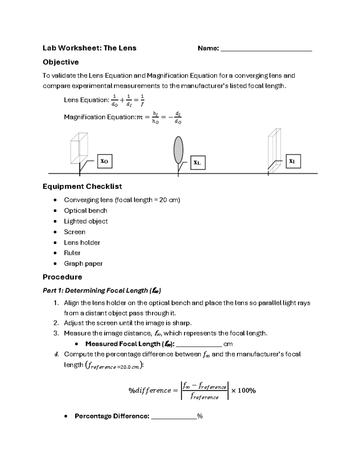 Lab Worksheet: Lens Equation & Magnification Validation - Studocu