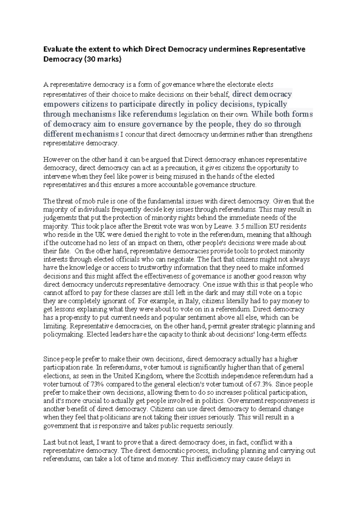 Democracy Essay - Evaluating Direct vs. Representative Democracy - Studocu
