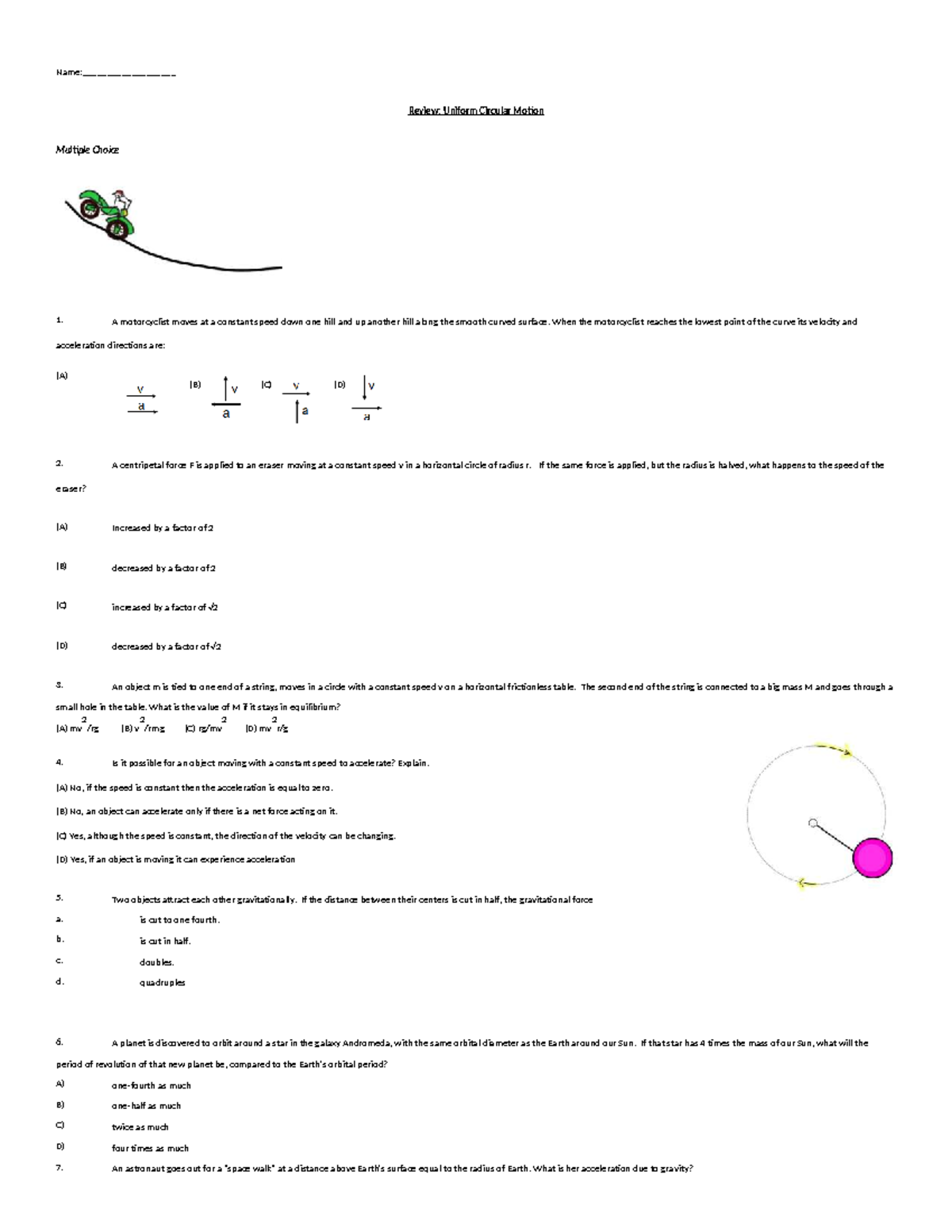 Test Review: Uniform Circular Motion (UCM) Multiple Choice & Problems ...