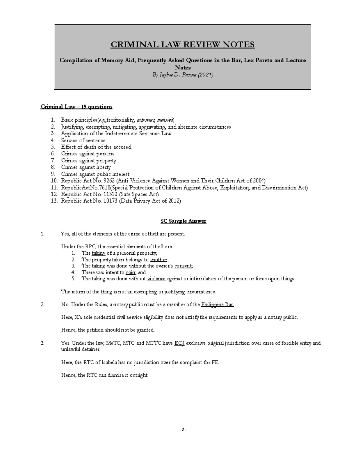Criminal Law Review Notes - Pre Week Compilation for LAW 101 - Studocu