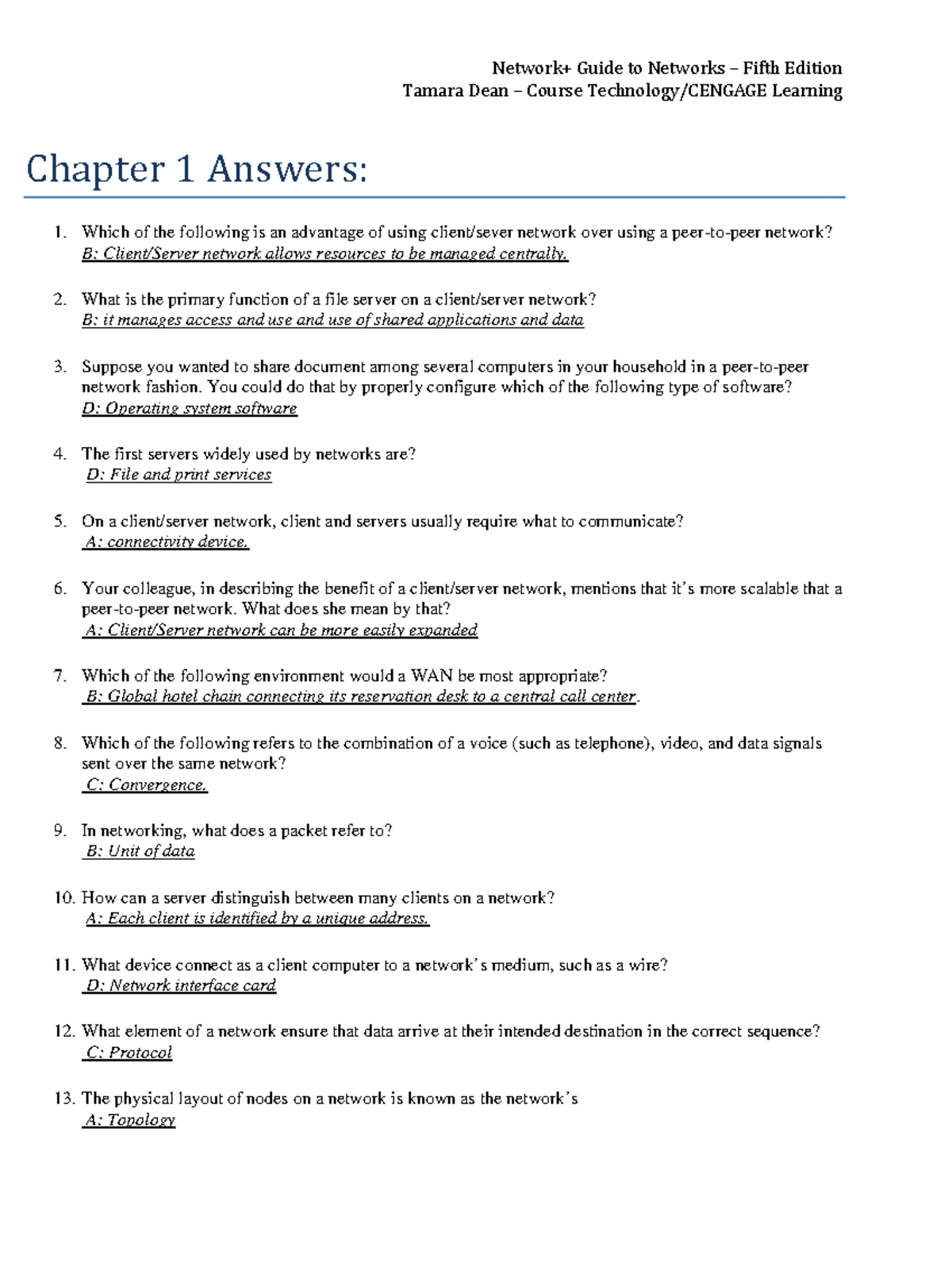 Network+ (N10-007) Chapter 1 Answers - Fifth Edition Summary - Studocu