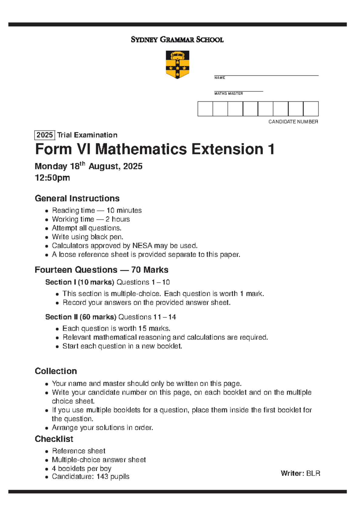Form VI Mathematics Extension 1 Trial Exam 2025 - Solutions & Analysis ...