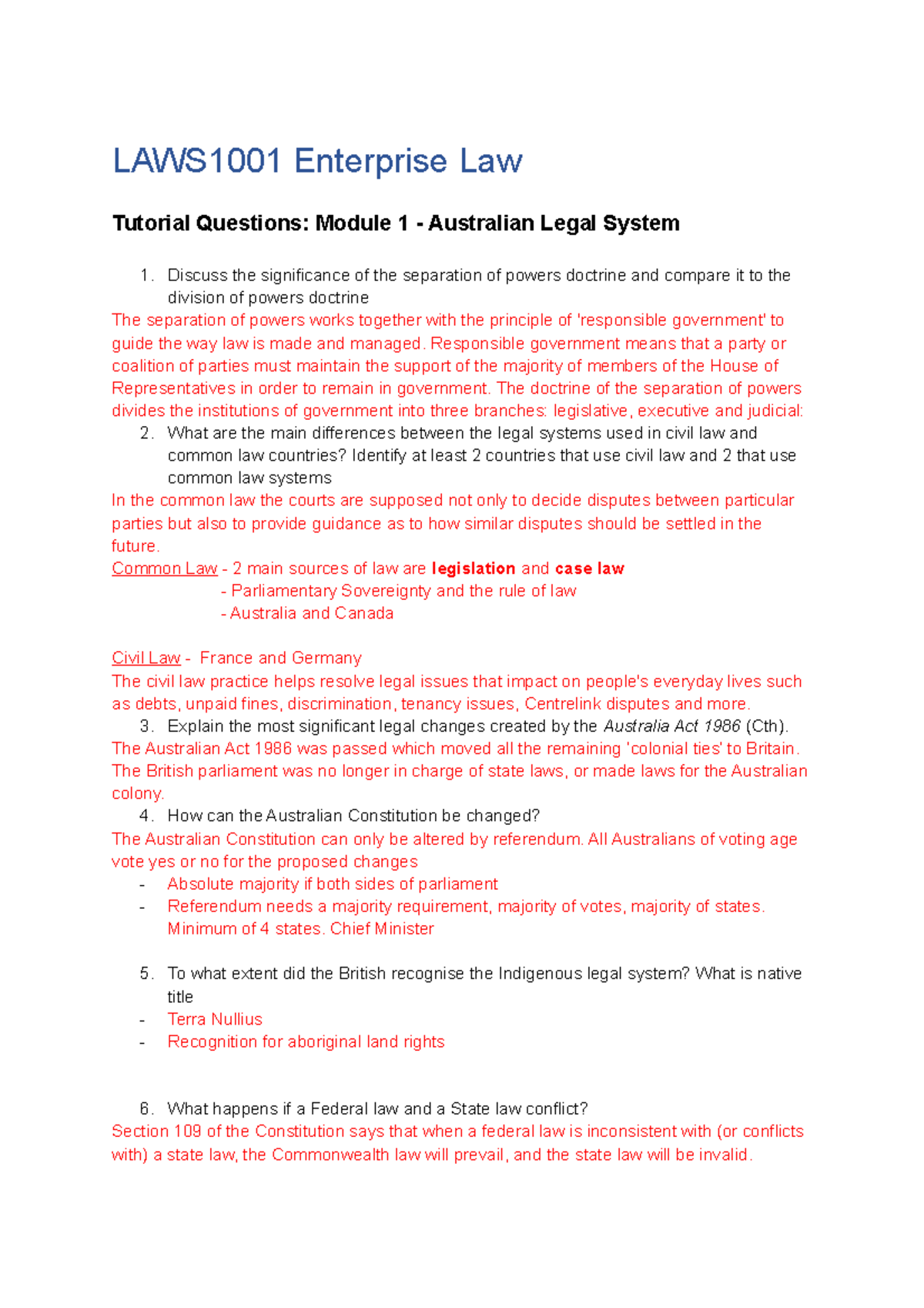 Week 2 Tutorial Questions Module 1 - Australian Legal System - LAWS1001 ...