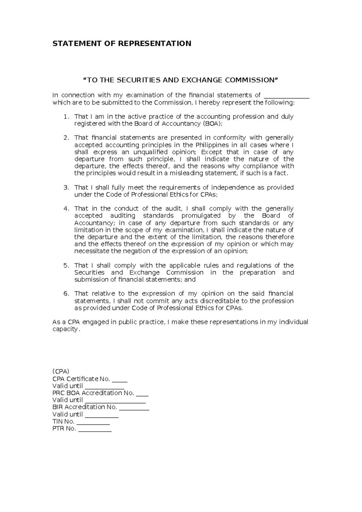 Statement of Representation for SEC Compliance (CPA) - Studocu