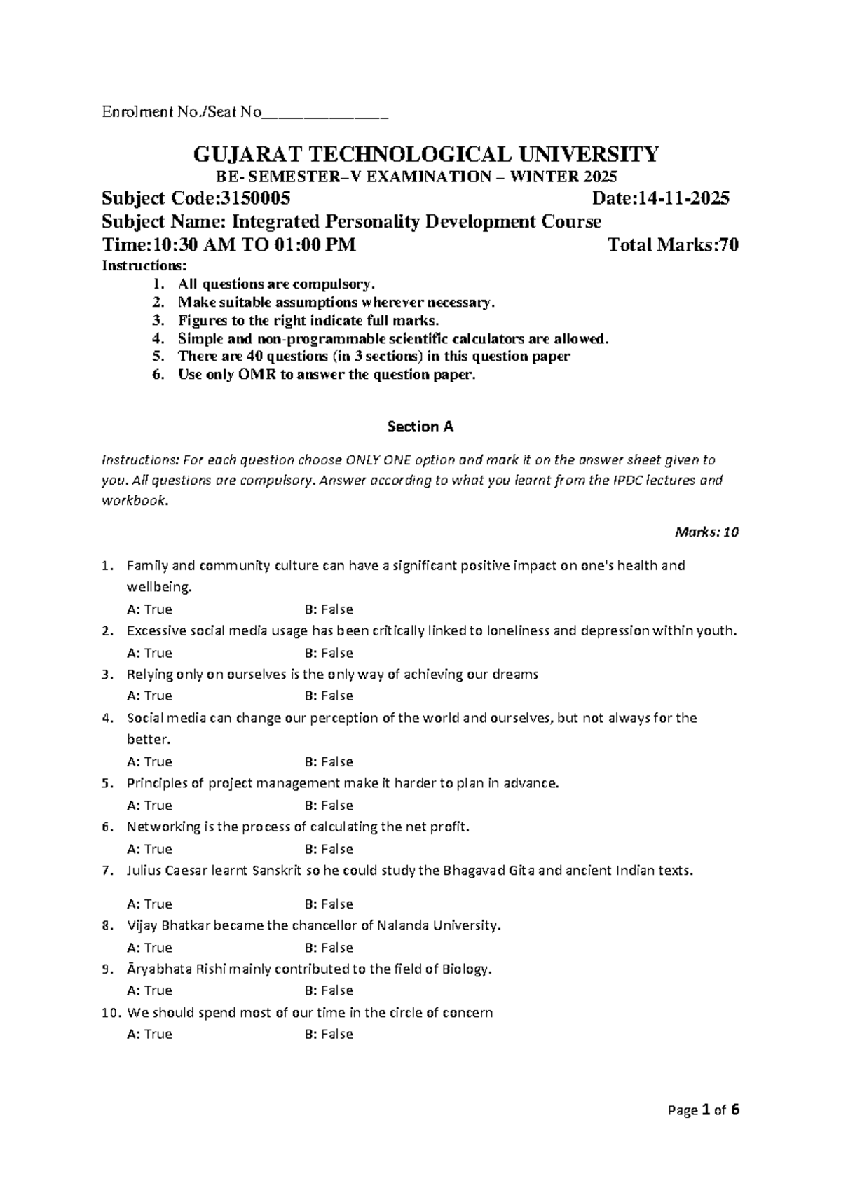 IPDC Winter 2025 Exam Paper - Integrated Personality Development - Studocu