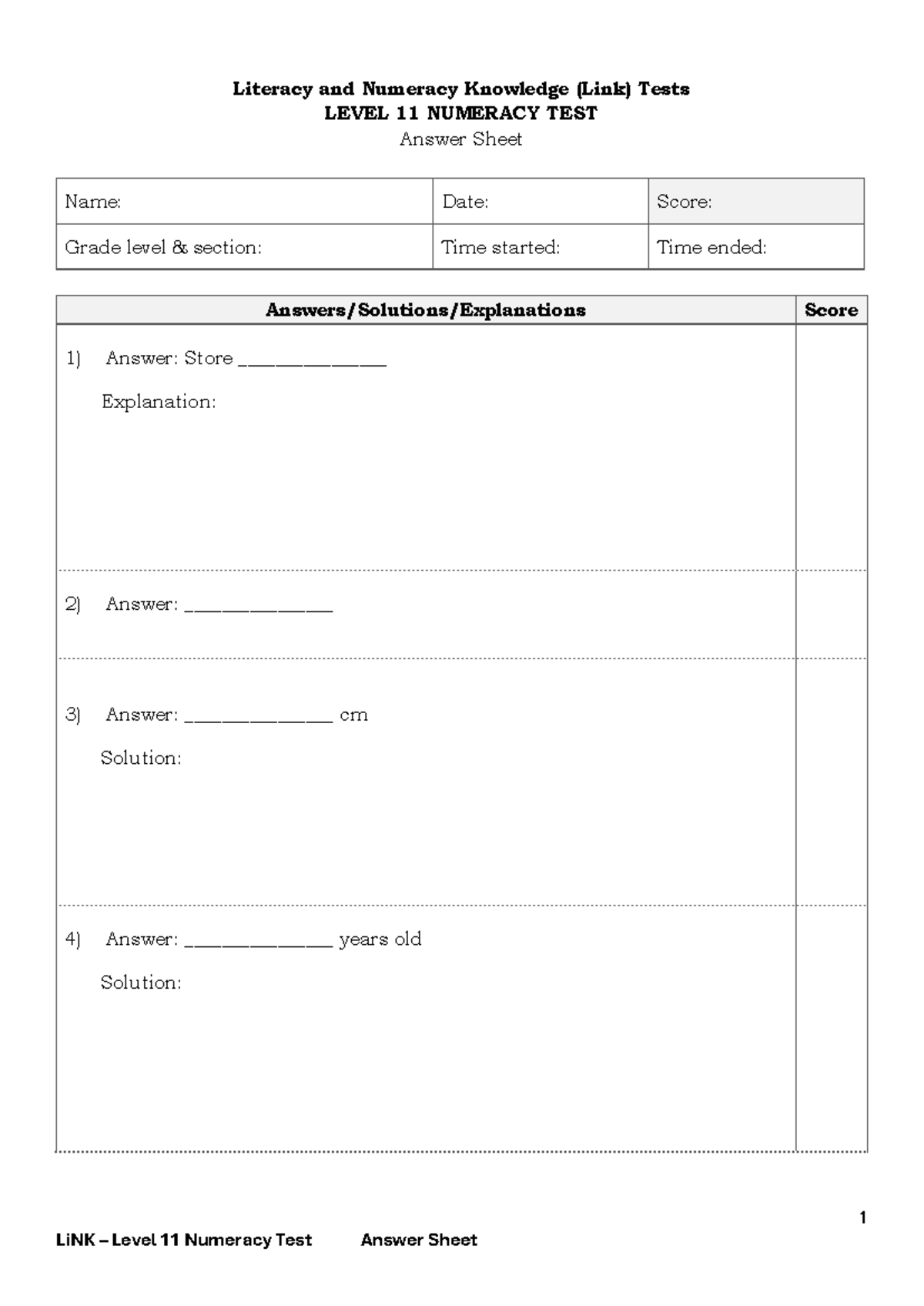 LiNK Level 11 Numeracy Test Answer Sheet - Studocu