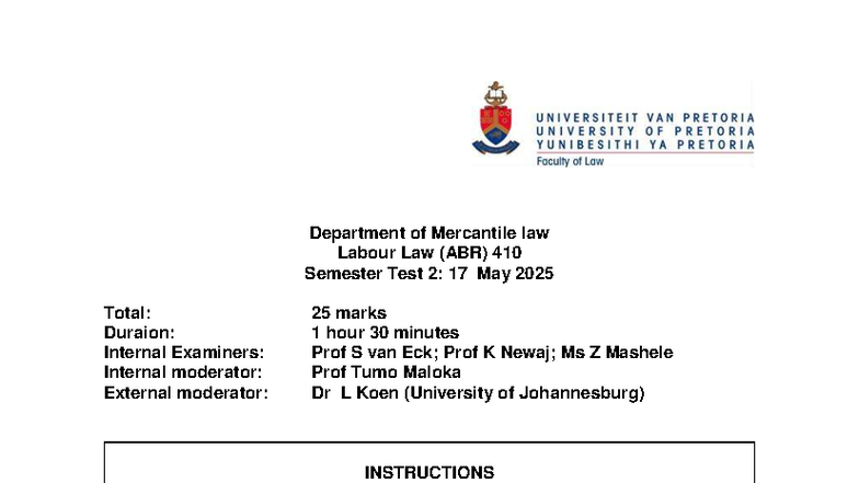 ABR 410 Labour Law Semester Test 2: 17 May 2025 with Memo - Studocu