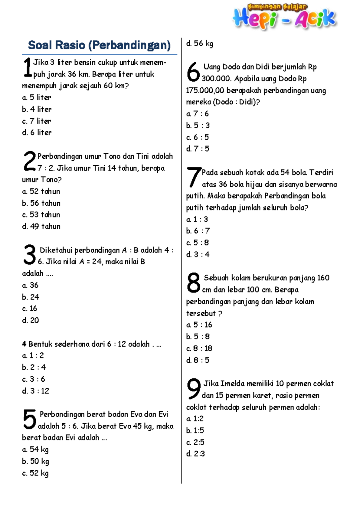Soal Rasio (Perbandingan) - Fotokopi Hitam Putih - Studocu