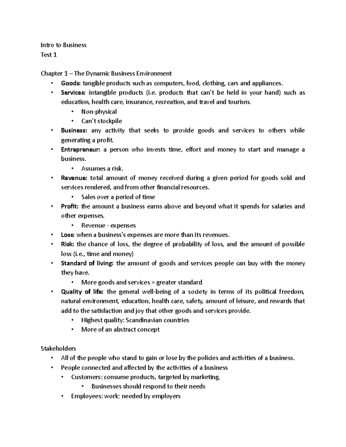 Intro to Business Test 1 Study Notes - Studocu