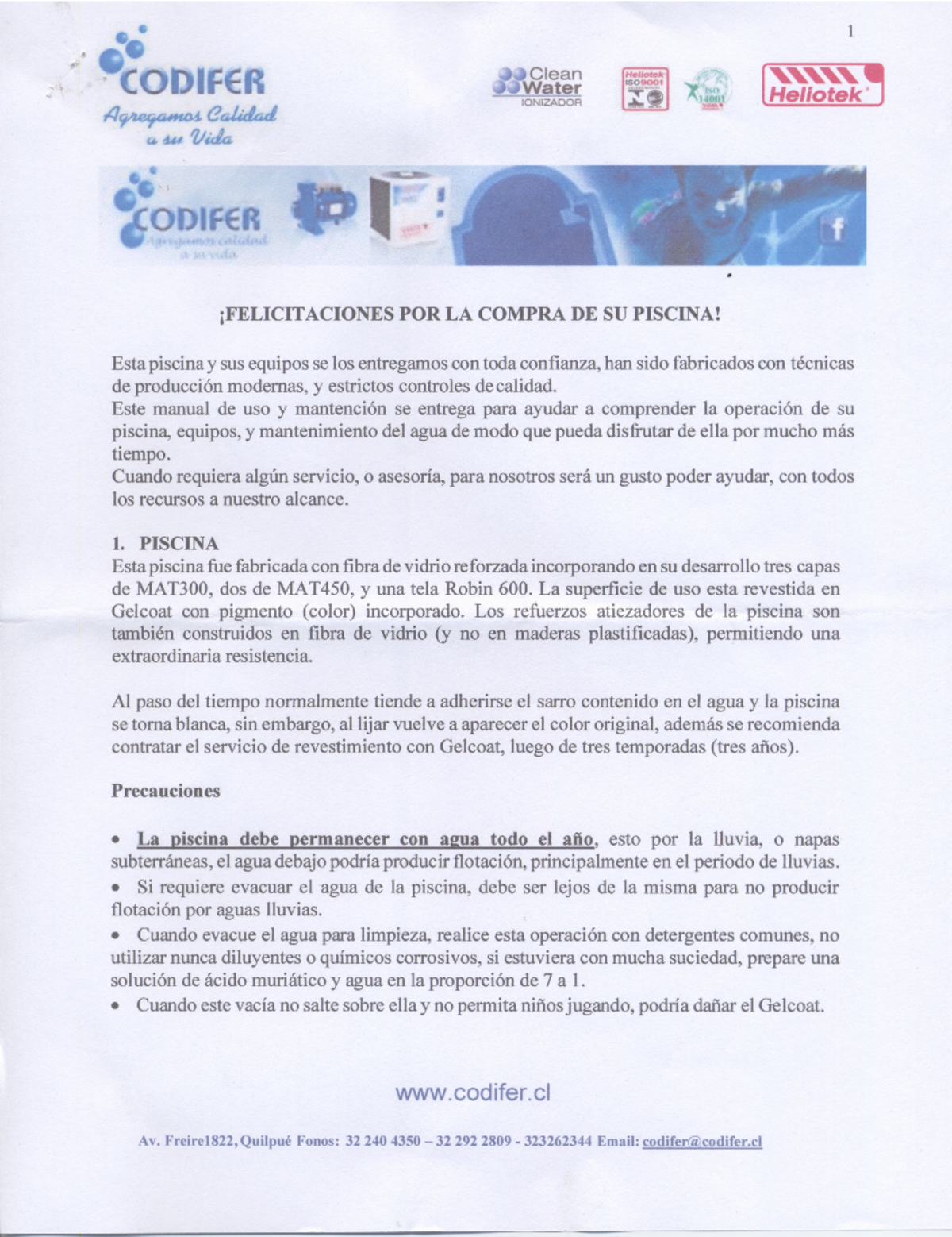 Manual de Uso y Mantenimiento de Piscinas - Codifer Heliotek - Studocu