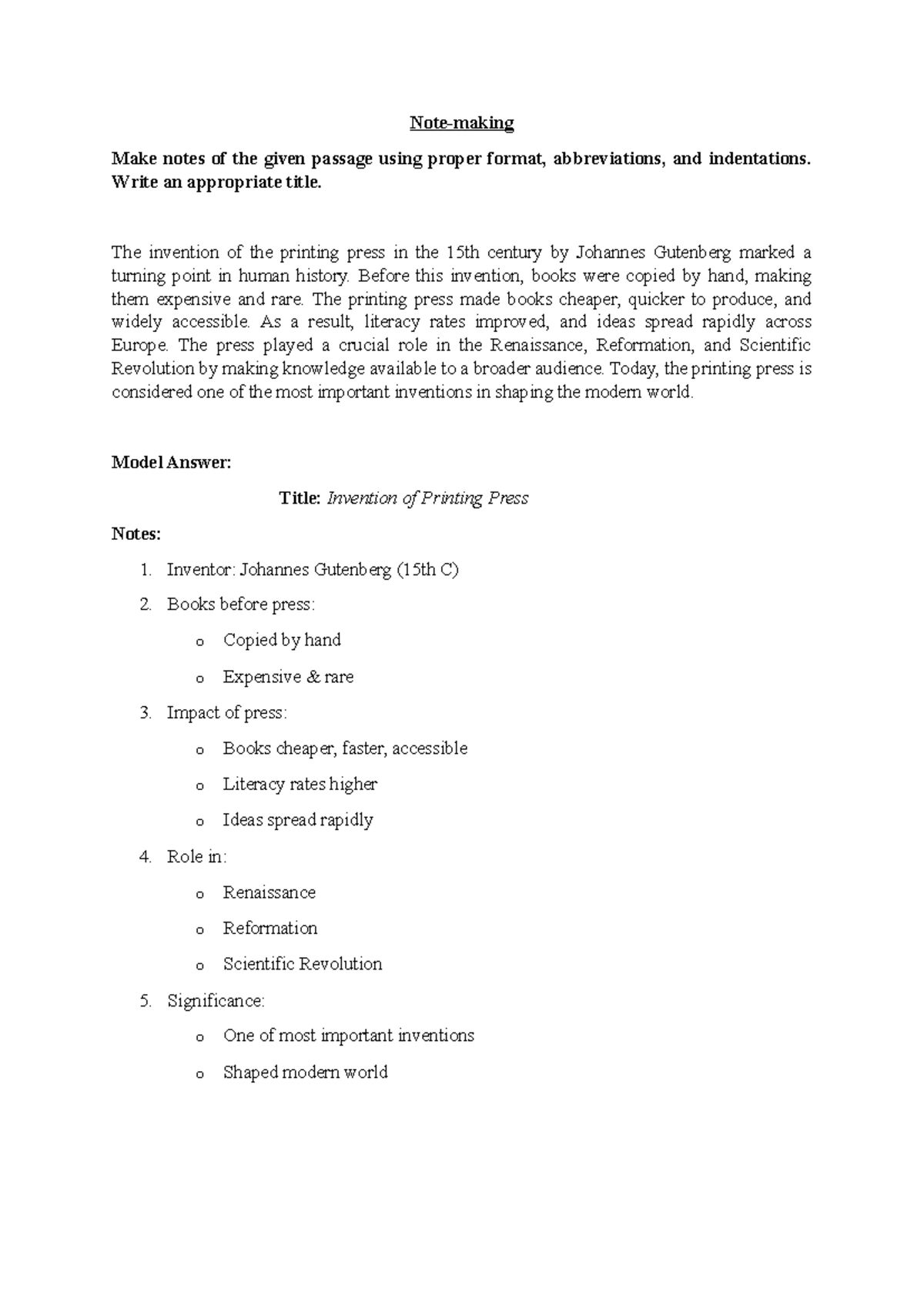 Note-Making Sample: Invention of Printing Press - STUDY - Studocu